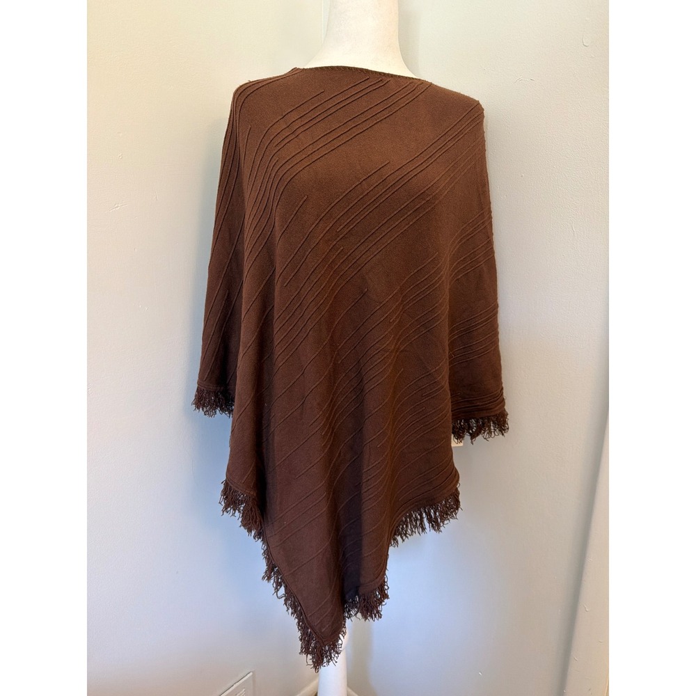 Oshlen Brown Knit Poncho Wrap Fringe Trim Diagonal Ribbed One Size NWT